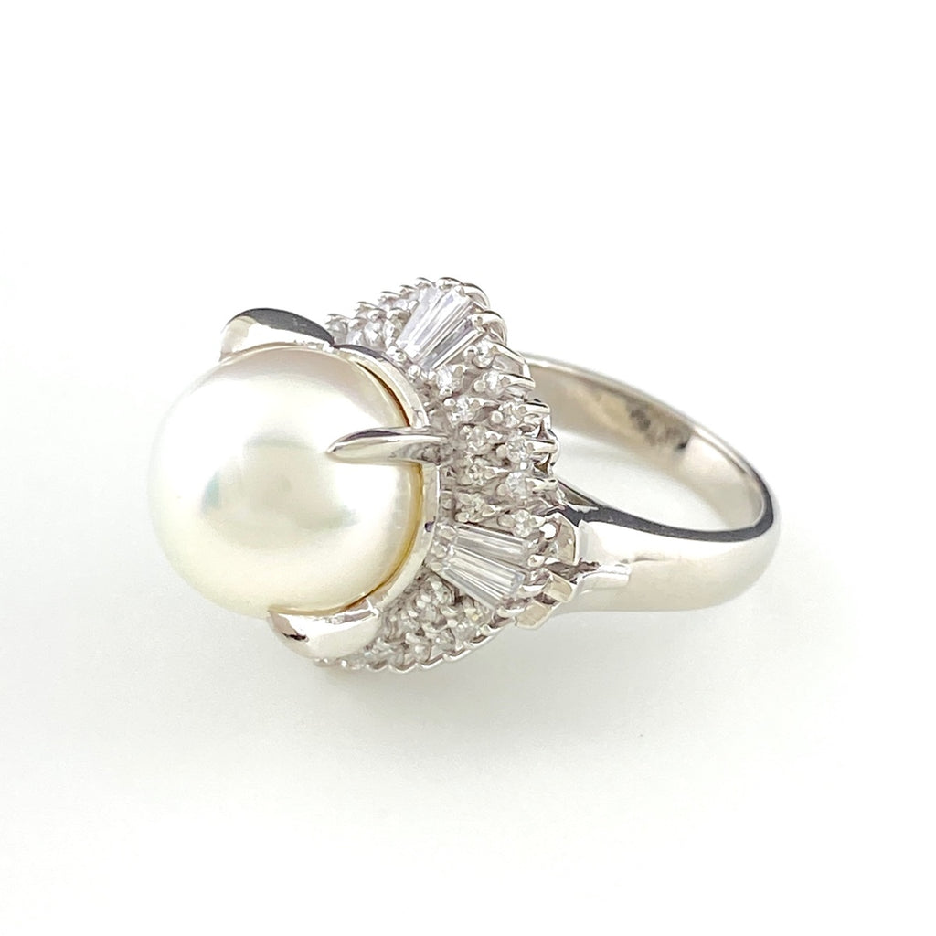 パール デザインリング プラチナ 指輪 メレダイヤ 真珠 リング 9号 Pt900 パール ダイヤモンド レディース 【中古】nbjwl