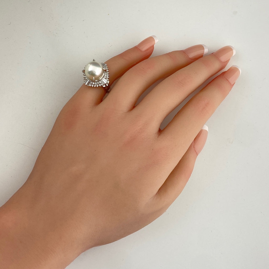 パール デザインリング プラチナ 指輪 メレダイヤ 真珠 リング 9号 Pt900 パール ダイヤモンド レディース 【中古】nbjwl