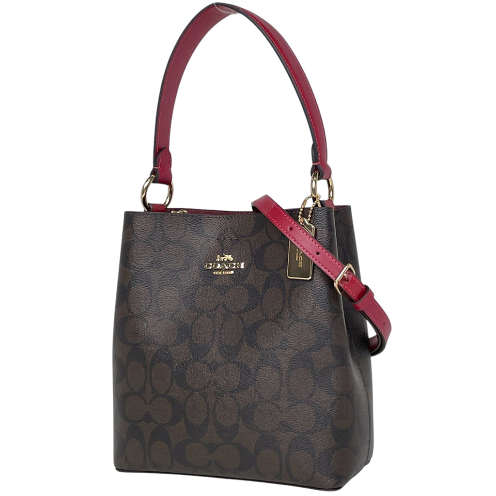 コーチ シグネチャー ハンドバッグ スモール タウン バケット 2WAY ショルダーバッグ ハンドバッグ コーティングキャンバス ブラウン レッド 2312 レディース 【中古】brbag