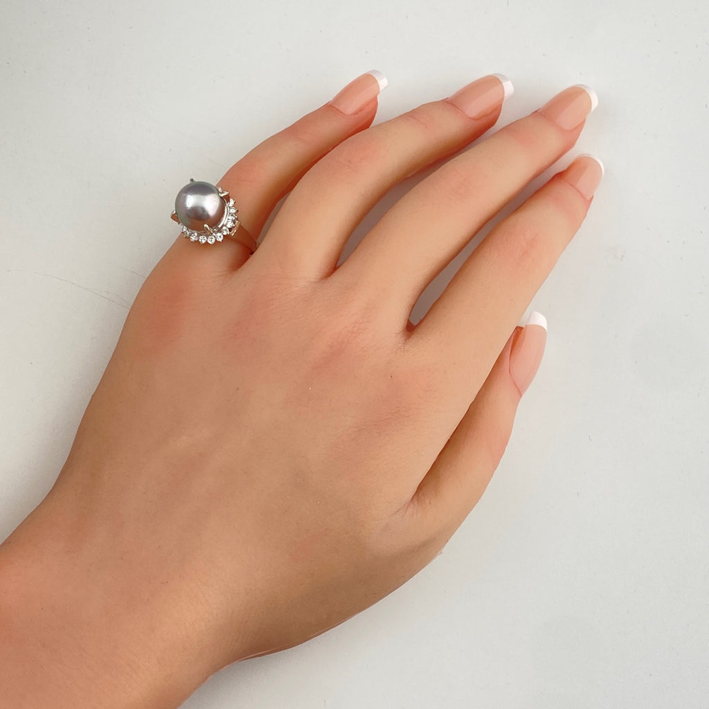 パール デザインリング プラチナ メレダイヤ 真珠 指輪 リング 11.5号 Pt900 パール ダイヤモンド レディース 【中古】nbjwl