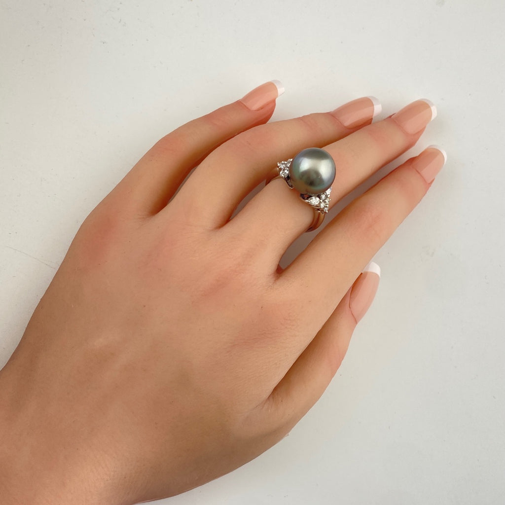 パール デザインリング プラチナ 指輪 メレダイヤ 真珠 フラワーモチーフ 花 リング 13.5号 Pt900 パール ダイヤモンド レディース 【中古】nbjwl