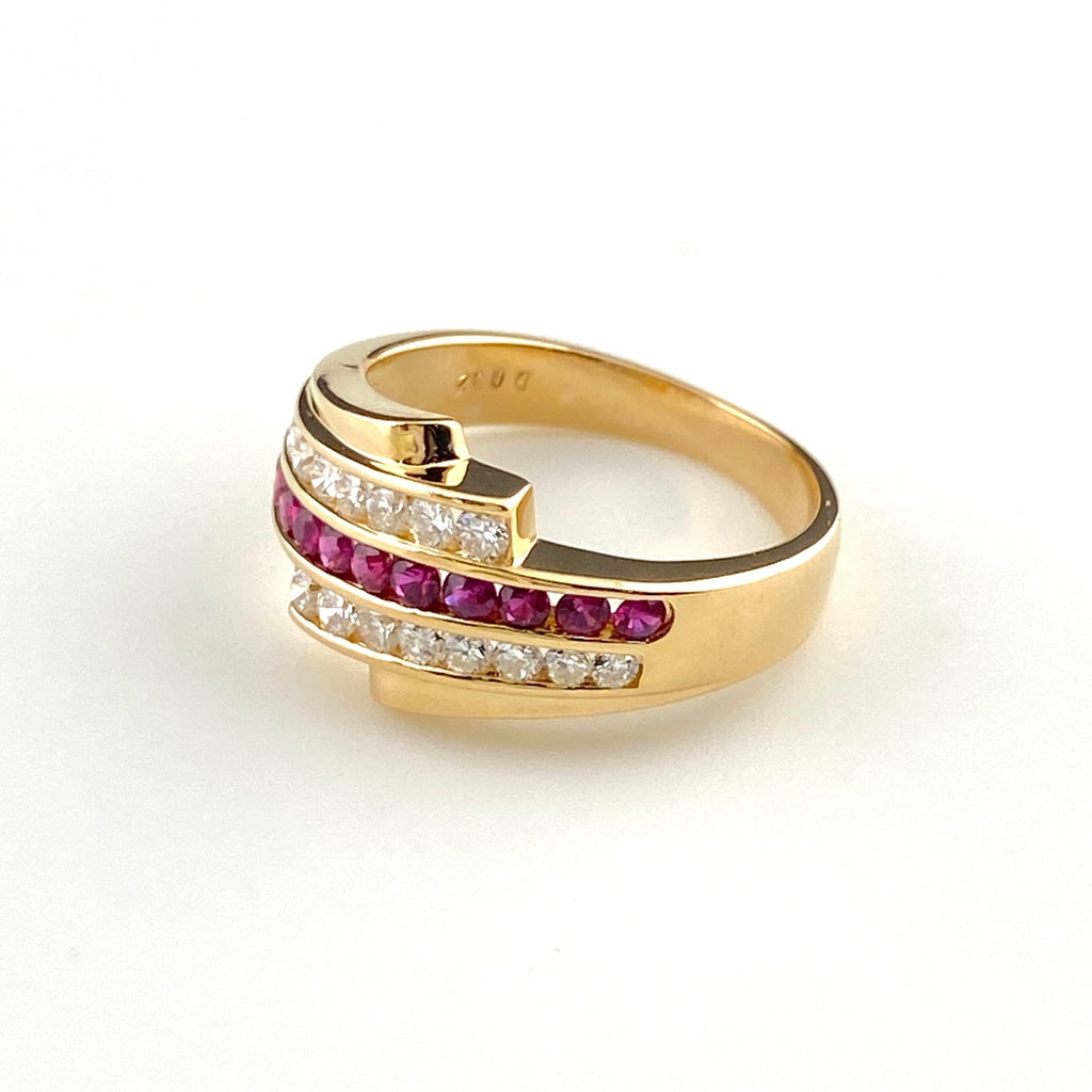ルビー デザインリング YG イエローゴールド 指輪 メレダイヤ リング 7号 K18 ルビー ダイヤモンド レディース 【中古】nbjwl