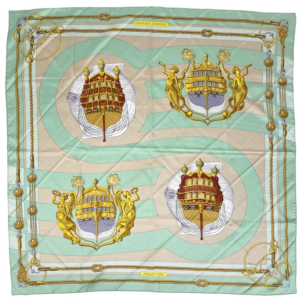 エルメス カレ 90 CHATEAUX D‘ARRIERE 艫飾り スカーフ シルク グリーン マルチカラー レディース 【中古】brbag