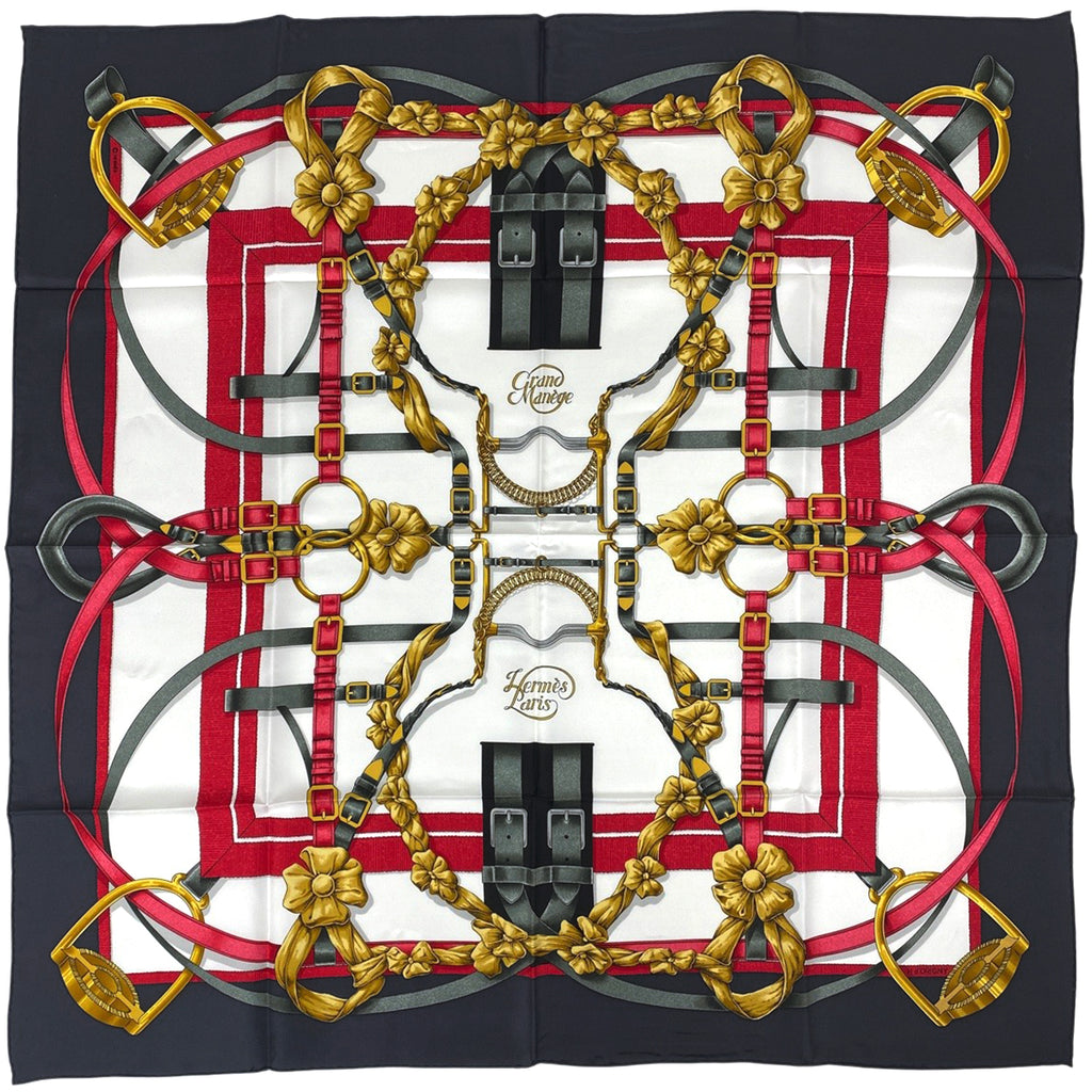 エルメス カレ 90 Grand Manege 大調教術 馬具 リボン スカーフ シルク ホワイト マルチカラー レディース 【中古】brbag