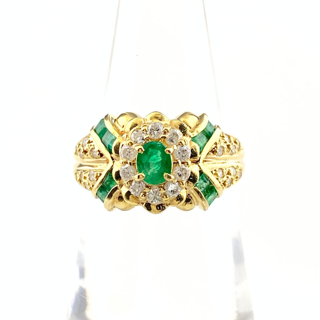 フラワーモチーフ デザインリング YG イエローゴールド 指輪 メレダイヤ エメラルド 花 リング 11号 K18 エメラルド ダイヤモンド レディース 【中古】nbjwl