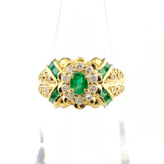 フラワーモチーフ デザインリング YG イエローゴールド 指輪 メレダイヤ エメラルド 花 リング 11号 K18 エメラルド ダイヤモンド レディース 【中古】nbjwl