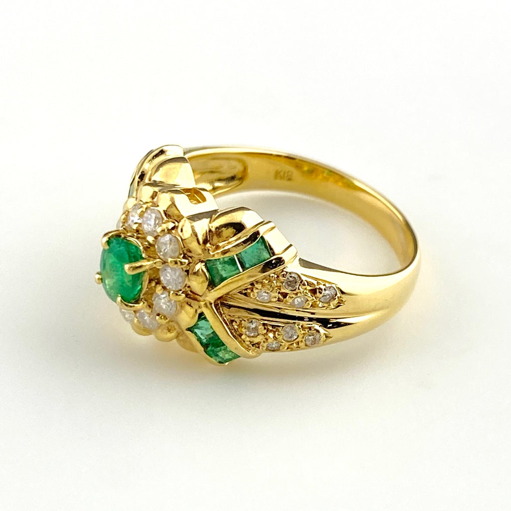 フラワーモチーフ デザインリング YG イエローゴールド 指輪 メレダイヤ エメラルド 花 リング 11号 K18 エメラルド ダイヤモンド レディース 【中古】nbjwl