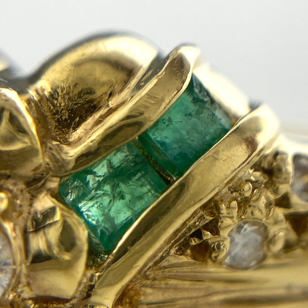 フラワーモチーフ デザインリング YG イエローゴールド 指輪 メレダイヤ エメラルド 花 リング 11号 K18 エメラルド ダイヤモンド レディース 【中古】nbjwl