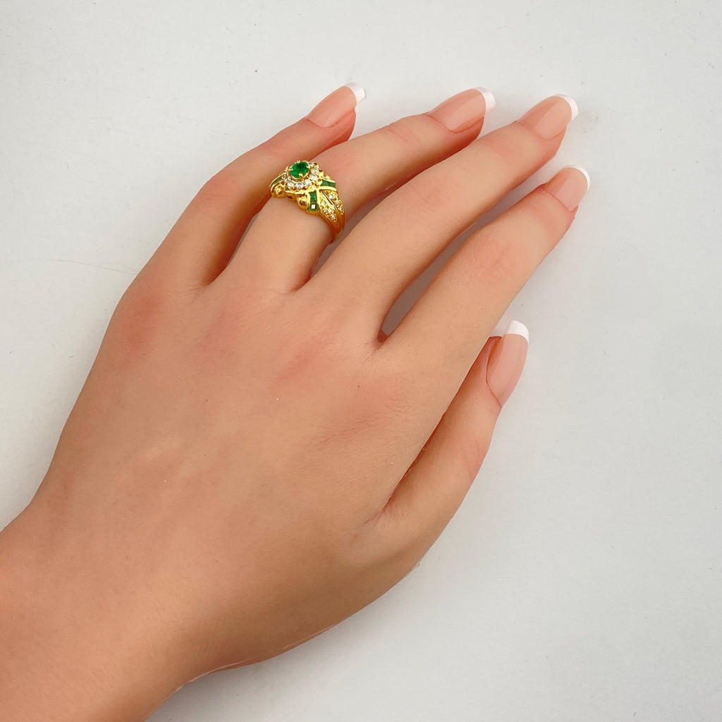 フラワーモチーフ デザインリング YG イエローゴールド 指輪 メレダイヤ エメラルド 花 リング 11号 K18 エメラルド ダイヤモンド レディース 【中古】nbjwl