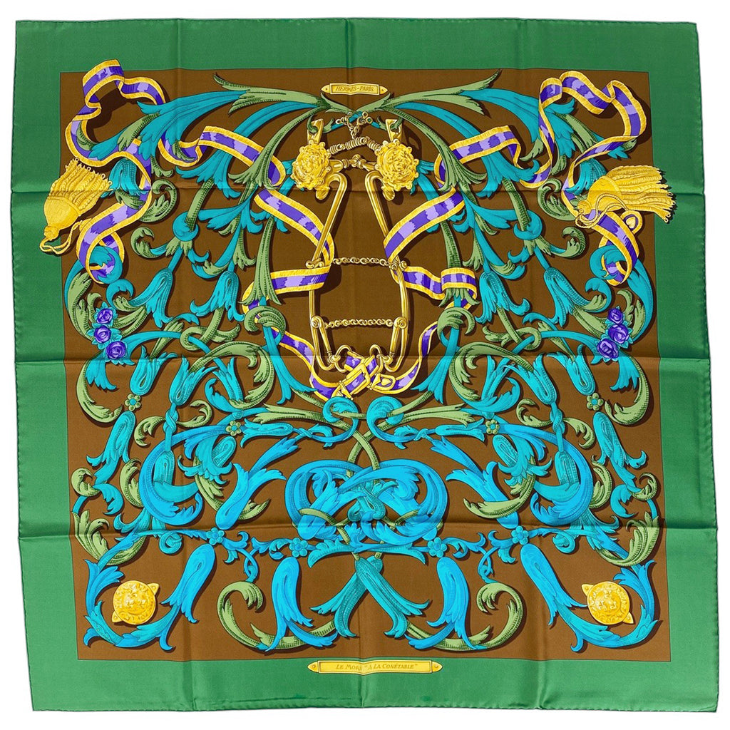 エルメス カレ 90 LE MORS A LA CONETABLE 轡の気品 クツワ 馬具 スカーフ シルク グリーン ブラウン マルチカラー レディース 【中古】brbag
