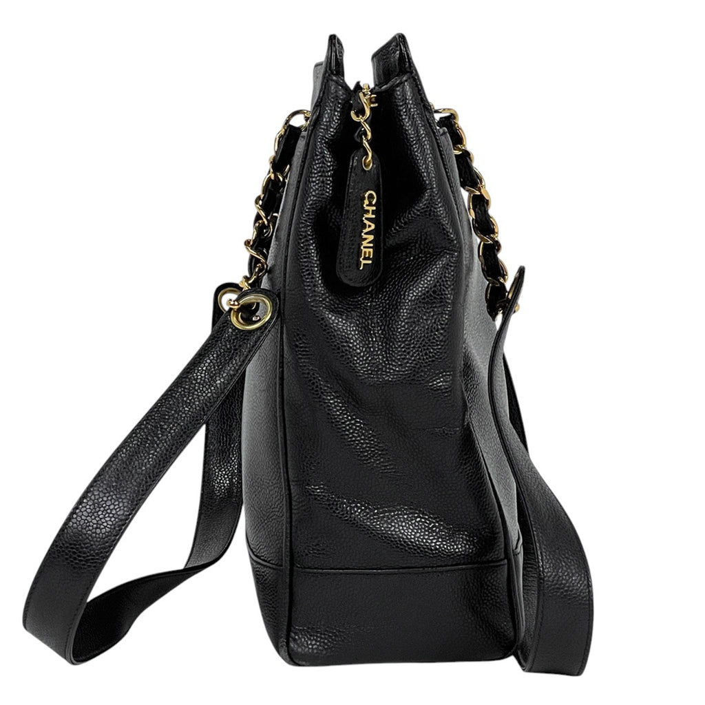 シャネル ロゴ チェーン トートバッグ 肩掛け ショルダーバッグ トートバッグ キャビアスキン ブラック レディース 【中古】brbag