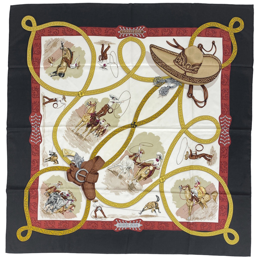 エルメス カレ 90 CHARREADA チャレアーダ カウボーイ 馬 ロデオ スカーフ シルク ブラック マルチカラー レディース 【中古】brbag