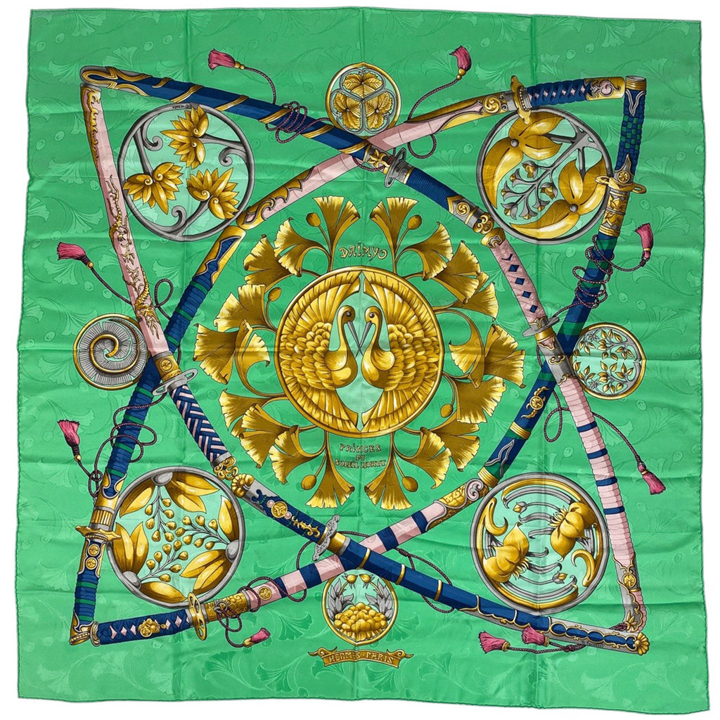 エルメス カレ 90 DAIMYO PRINCES DU SOLEIL LEVANT 大名 日出る国の皇子 家紋 スカーフ シルク グリーン マルチカラー レディース 【中古】brbag