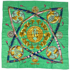 エルメス カレ 90 DAIMYO PRINCES DU SOLEIL LEVANT 大名 日出る国の皇子 家紋 スカーフ シルク グリーン マルチカラー レディース 【中古】brbag