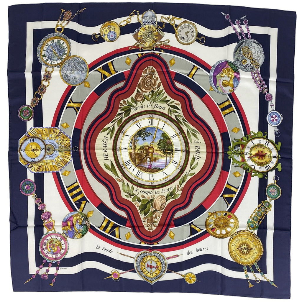 エルメス カレ90 parmi les fleurs je compte les heures 花の中で過ごす時間 スカーフ シルク ネイビー マルチカラー レディース 【中古】brbag