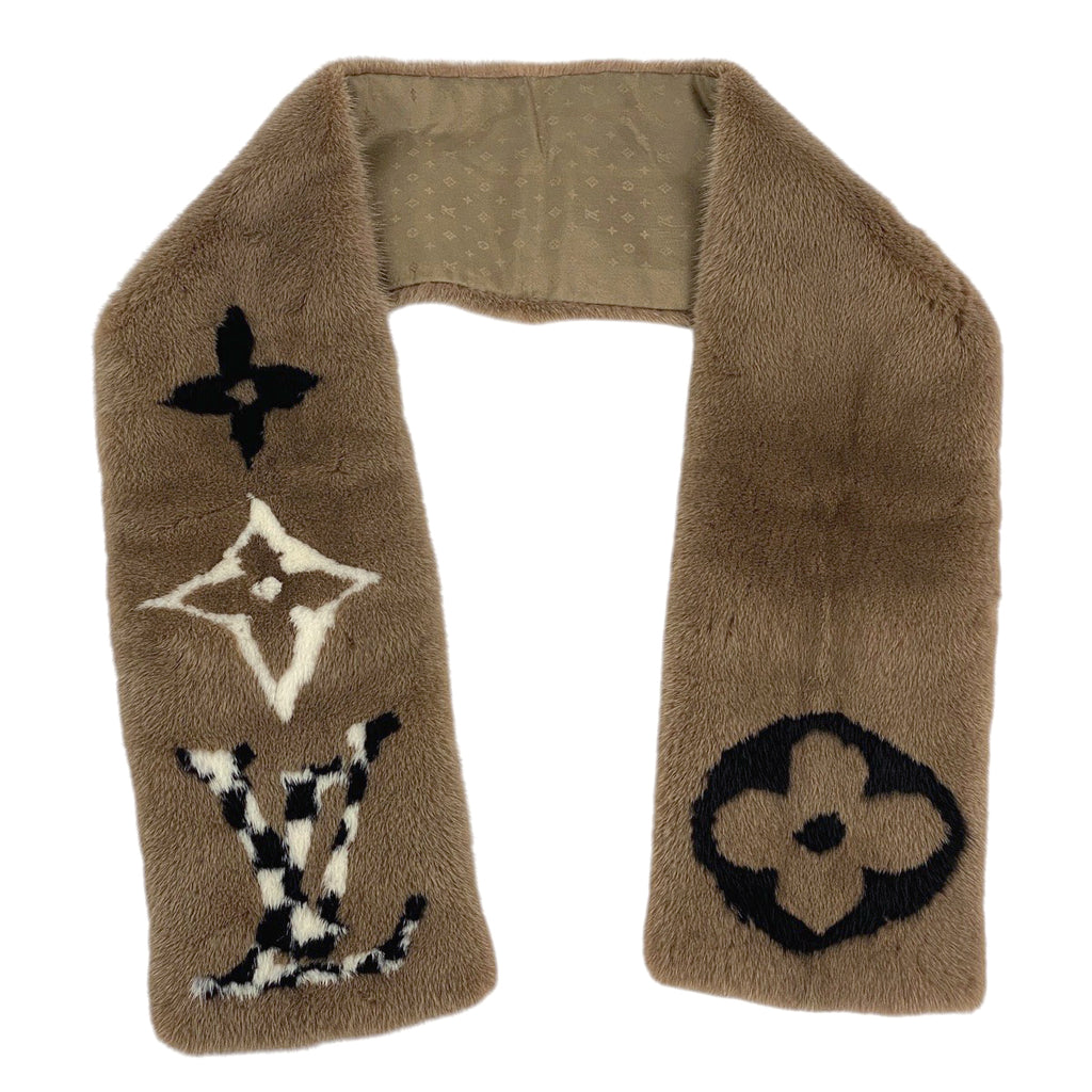 ルイ・ヴィトン エシャルプ プレイグラム 防寒 マフラー モノグラムミンク シルク ブラウン レディース 【中古】brbag
