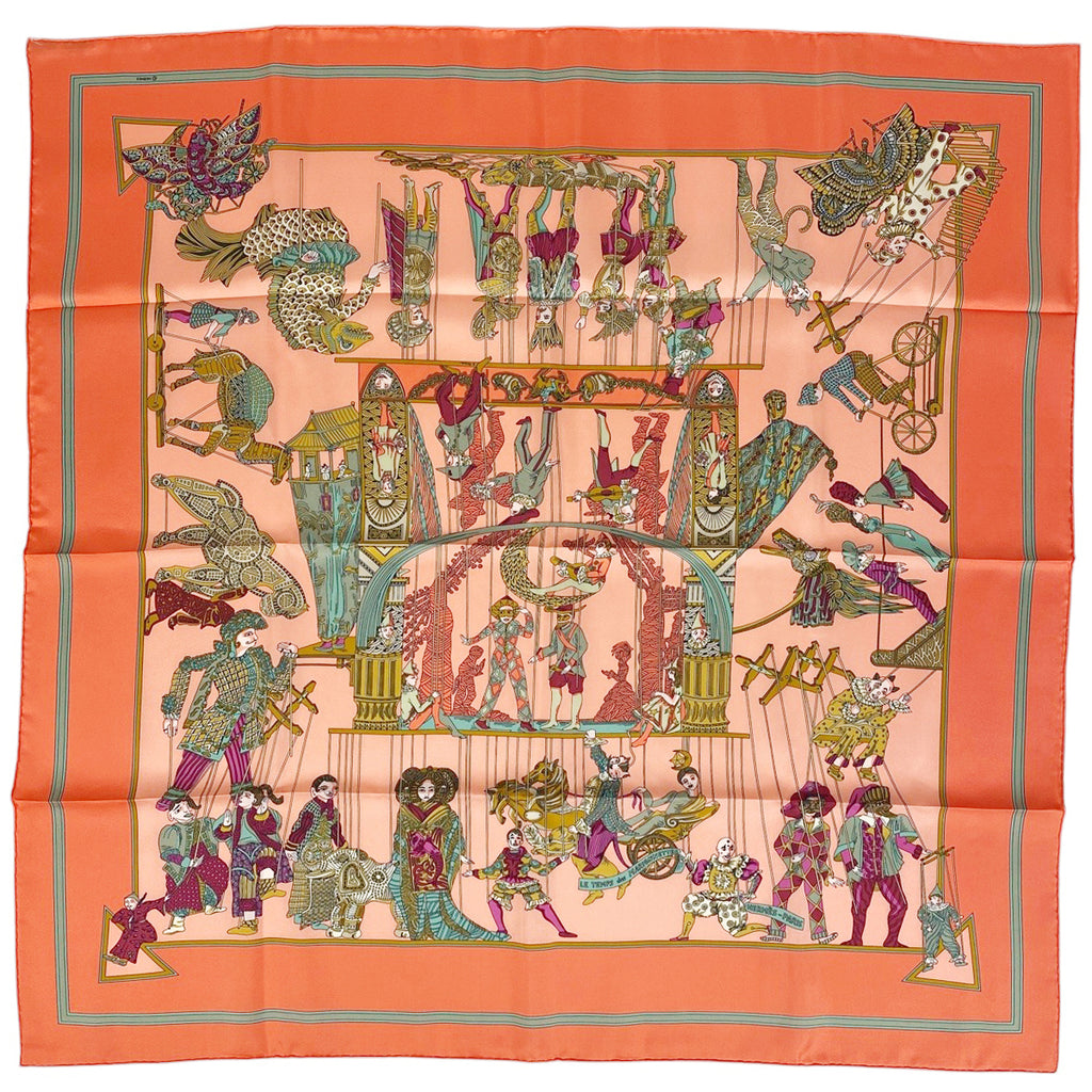 エルメス カレ 90 LE TEMPS des MARIONNETTES マリオネットの時間 スカーフ シルク ピンク マルチカラー レディース 【中古】brbag