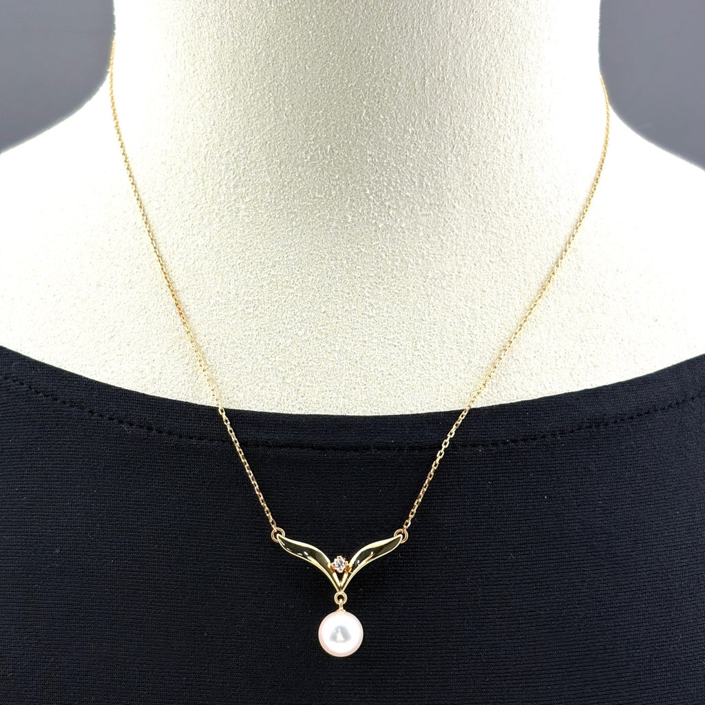 ミキモト パール デザインネックレス YG イエローゴールド ペンダント 真珠 メレダイヤ ネックレス K18 パール ダイヤモンド レディース 【中古】brjwl