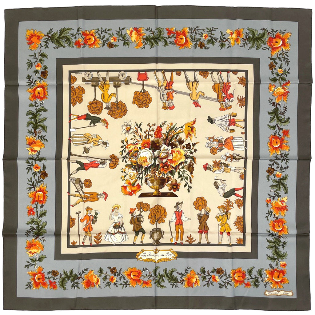 エルメス カレ 90 Les Jardiniers du Roy 庭師のロイ スカーフ シルク ベージュ オレンジ マルチカラー レディース 【中古】brbag