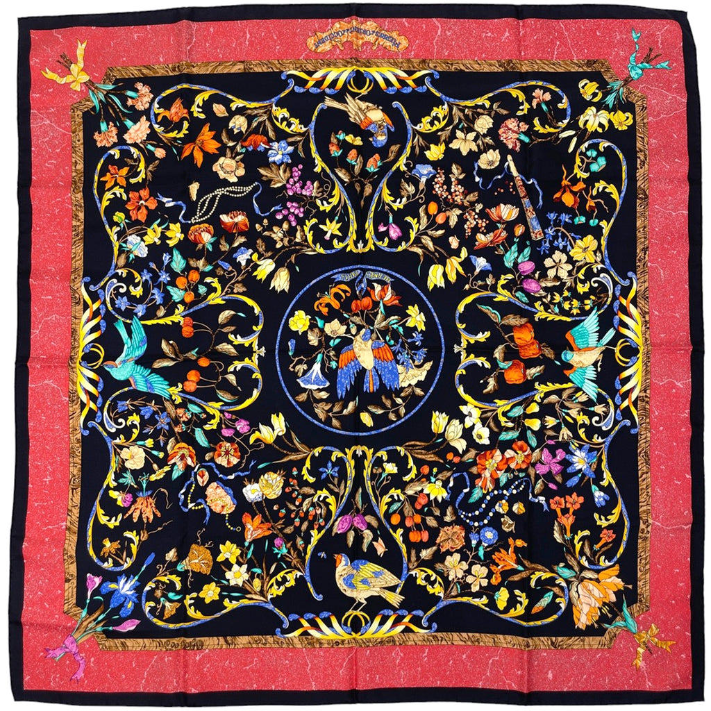 エルメス カレ 90 PiERRES d' ORiENT et d' OCCiDENT 東洋の石と西洋の石細工 鳥 花 果実 果物 スカーフ シルク ブラック レッド マルチカラー レディース 【中古】brbag