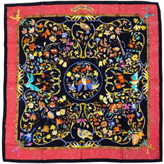 エルメス カレ 90 PiERRES d' ORiENT et d' OCCiDENT 東洋の石と西洋の石細工 鳥 花 果実 果物 スカーフ シルク ブラック レッド マルチカラー レディース 【中古】brbag