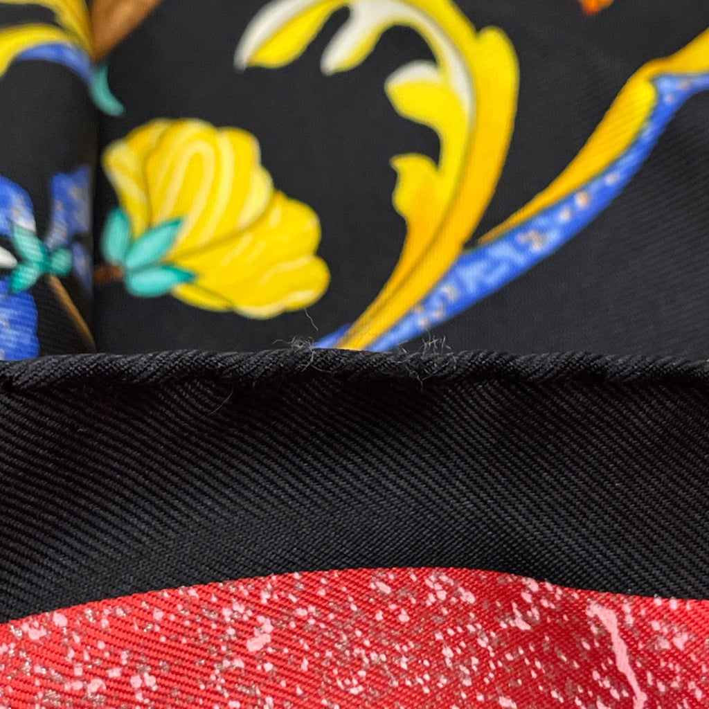 エルメス カレ 90 PiERRES d' ORiENT et d' OCCiDENT 東洋の石と西洋の石細工 鳥 花 果実 果物 スカーフ シルク ブラック レッド マルチカラー レディース 【中古】brbag