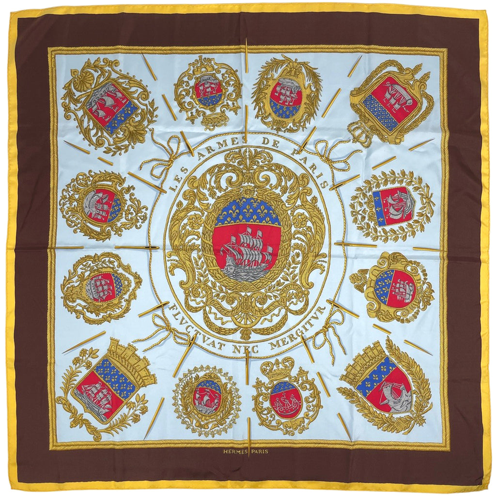 エルメス カレ 90 LES ARMES DE PARIS パリの紋章 スカーフ シルク ブラウン ブルー マルチカラー レディース 【中古】brbag