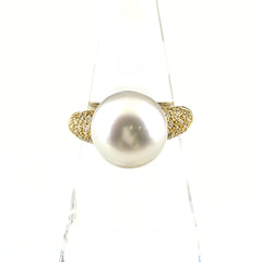 パール デザインリング YG イエローゴールド 指輪 メレダイヤ 真珠 リング 14号 K18 パール ダイヤモンド レディース ノンブランドジュエリー 【中古】nbjwl