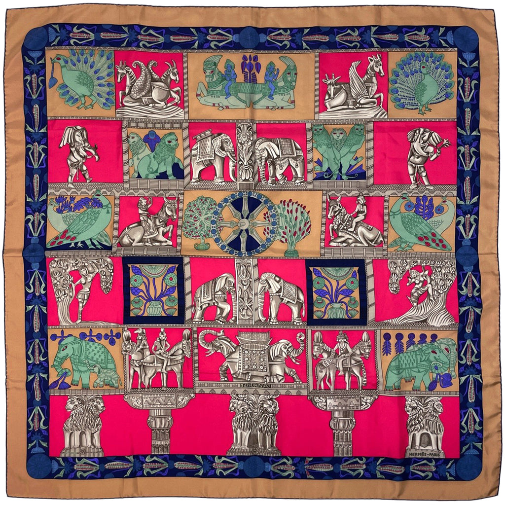 エルメス カレ 90 TORANA 塔門 スカーフ シルク ブラウン レッド マルチカラー レディース 【中古】brbag