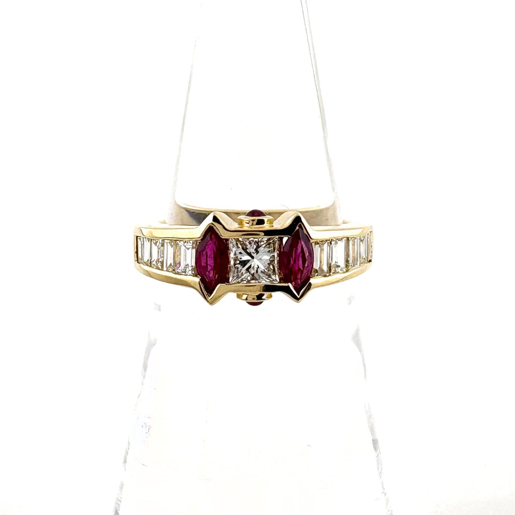 ルビー デザインリング YG イエローゴールド 指輪 メレダイヤ リング 12号 K18 ルビー ダイヤモンド レディース 【中古】nbjwl