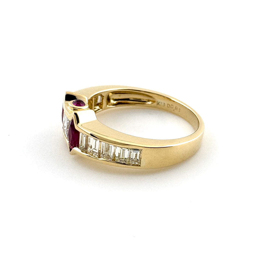 ルビー デザインリング YG イエローゴールド 指輪 メレダイヤ リング 12号 K18 ルビー ダイヤモンド レディース 【中古】nbjwl
