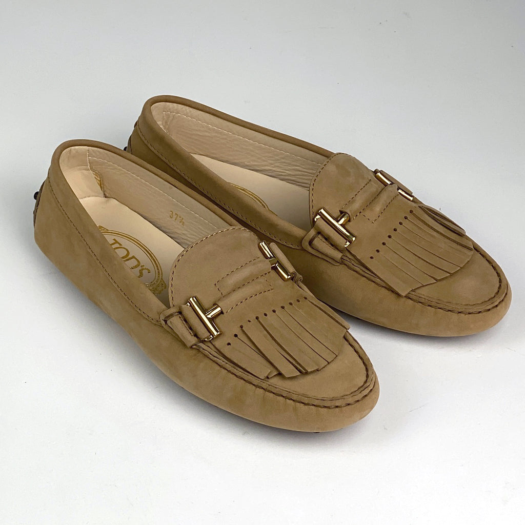 トッズ ドライビングシューズ スリッポン フリンジ 靴 ローファー レザー ベージュ レディース 【中古】brapp