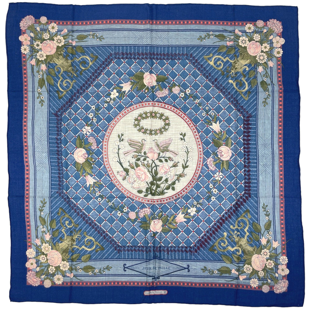 エルメス カレ 90 JEUX DE PAILLE 藁遊び スカーフ カシミヤ シルク ブルー マルチカラー レディース 【中古】brbag