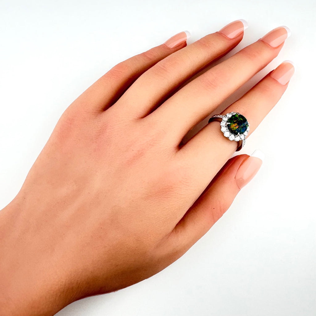 ブラックオパール デザインリング プラチナ 指輪 メレダイヤ リング 10号 Pt900 ブラックオパール ダイヤモンド レディース 【中古】nbjwl