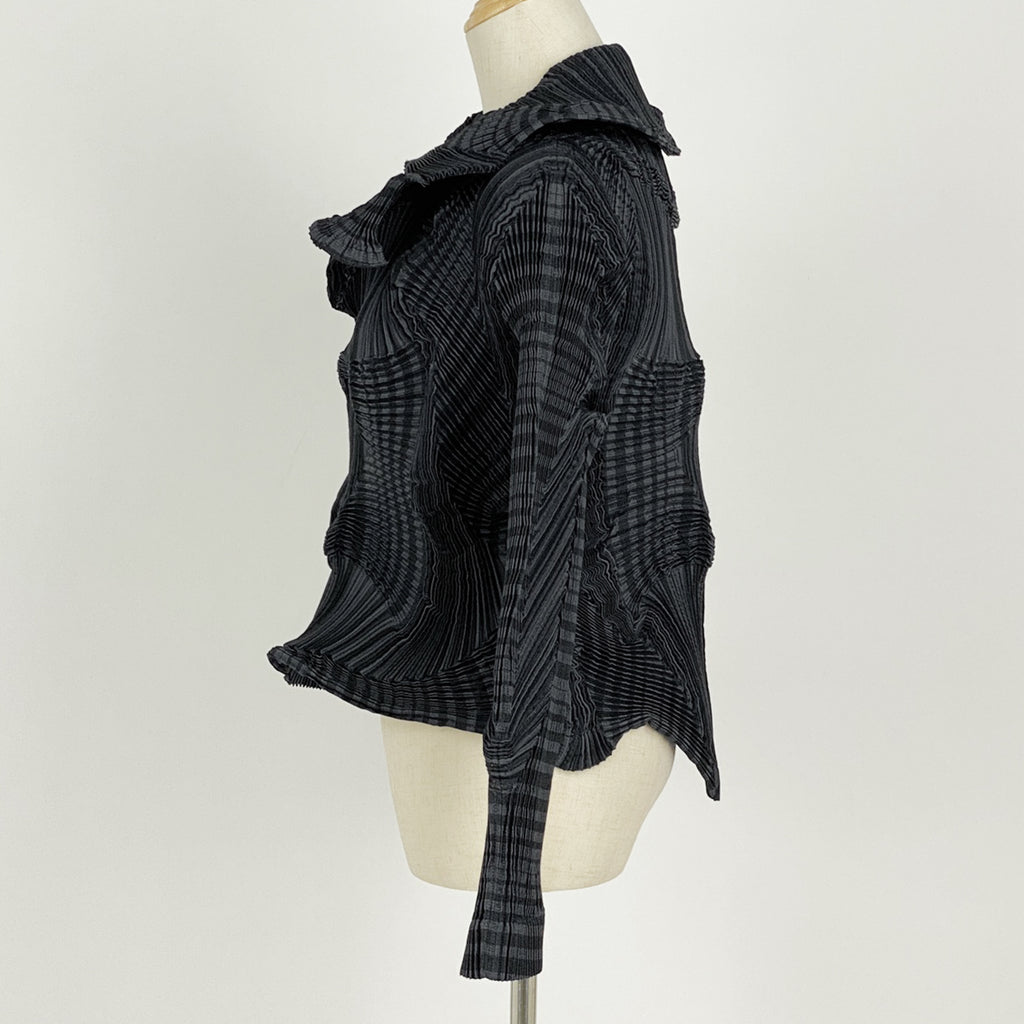 イッセイミヤケ デザイン プリーツ ジャケット カーディガン ストレッチ アウター その他ジャケット ポリエステル ポリウレタン ブラック ダークグレー レディース 【中古】brapp