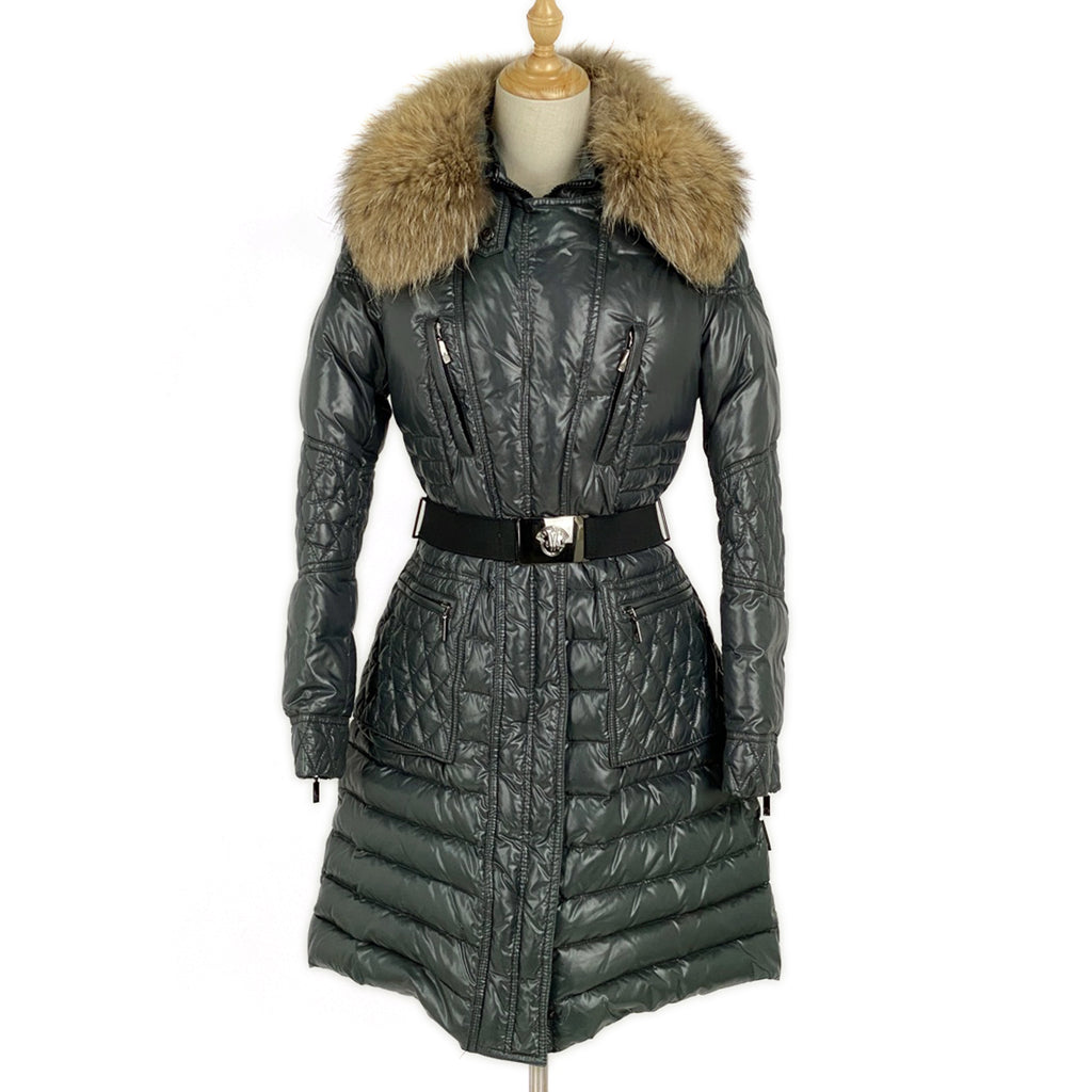 モンクレール キルティング ロングコート ベルト付き ファー ダブルファスナー アウター その他コート ナイロン グリーン レディース 【中古】brapp