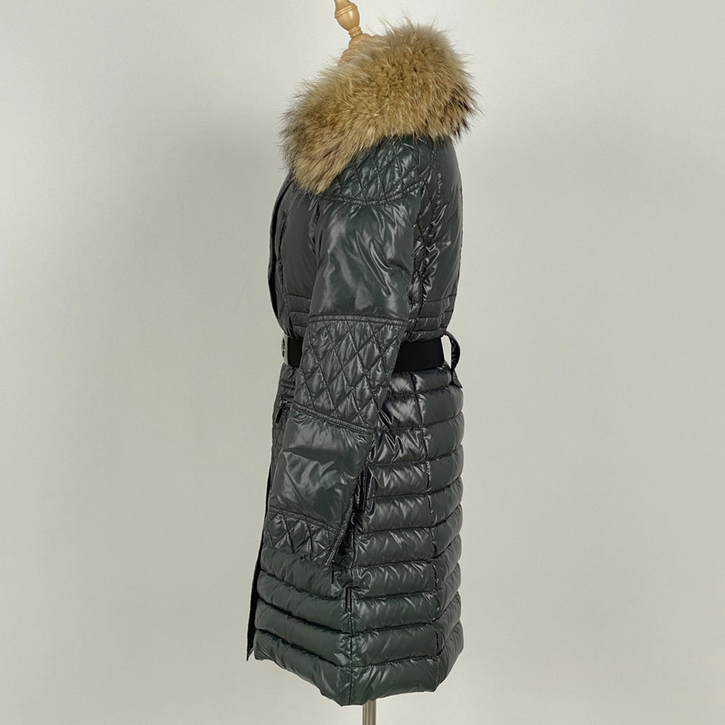 モンクレール キルティング ロングコート ベルト付き ファー ダブルファスナー アウター その他コート ナイロン グリーン レディース 【中古】brapp