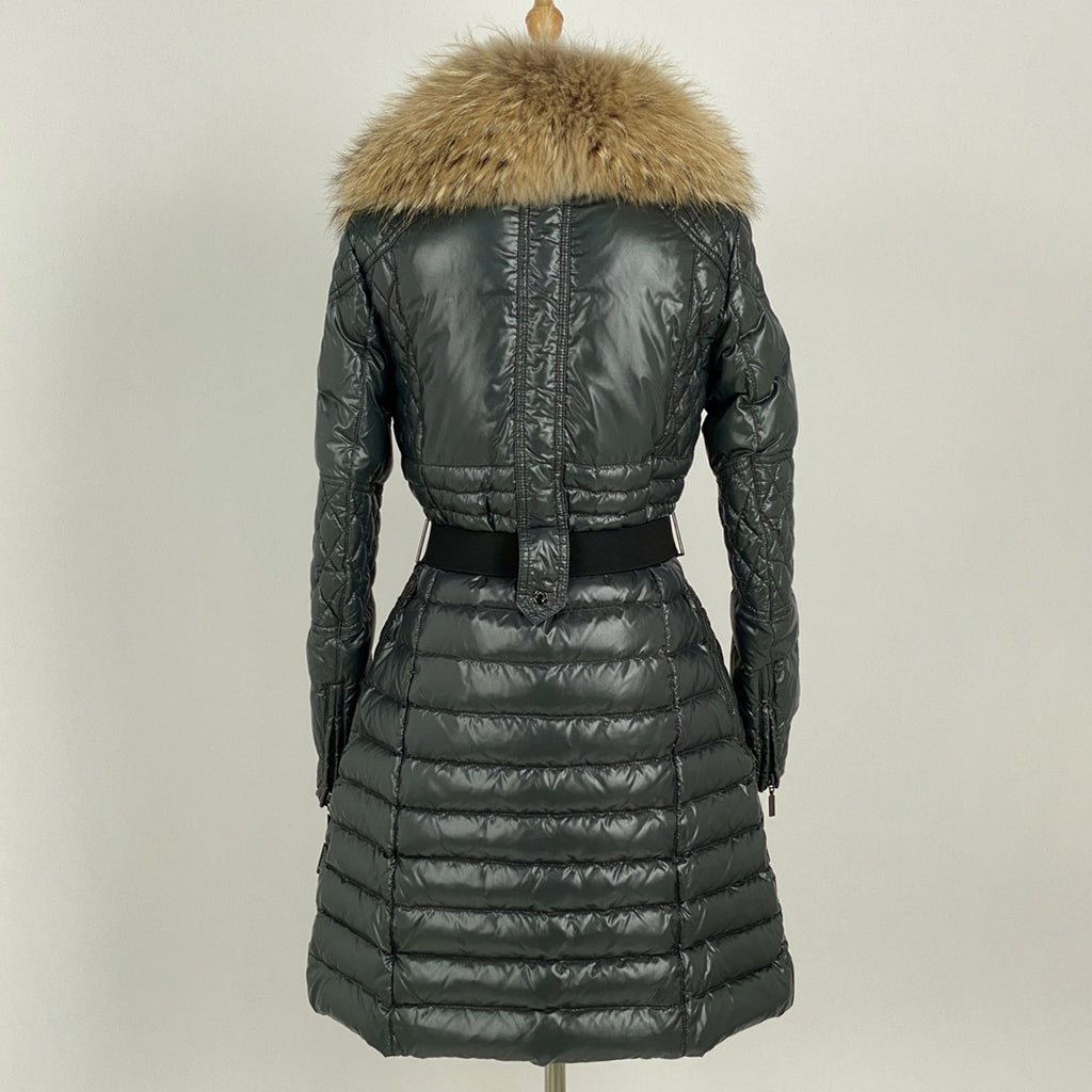 モンクレール キルティング ロングコート ベルト付き ファー ダブルファスナー アウター その他コート ナイロン グリーン レディース 【中古】brapp