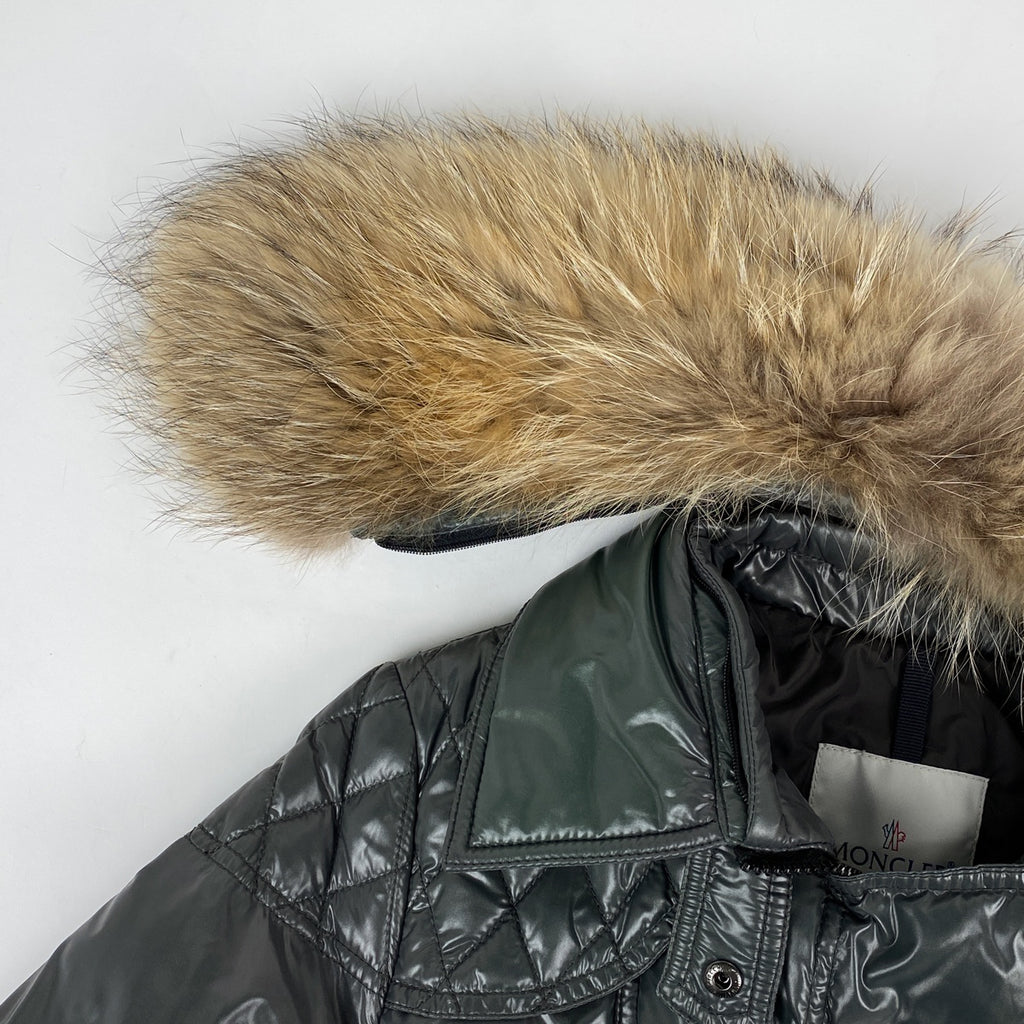 モンクレール キルティング ロングコート ベルト付き ファー ダブルファスナー アウター その他コート ナイロン グリーン レディース 【中古】brapp