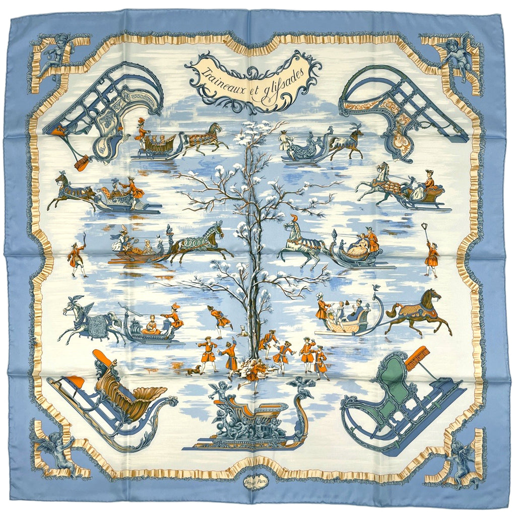 エルメス カレ90 Traineaux et glifsades ソリとスケート スカーフ シルク ライトブルー マルチカラー レディース 【中古】brbag