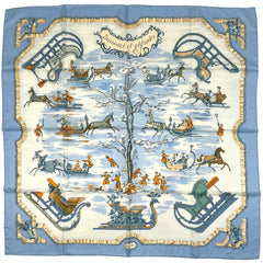 エルメス カレ90 Traineaux et glifsades ソリとスケート スカーフ シルク ライトブルー マルチカラー レディース 【中古】brbag