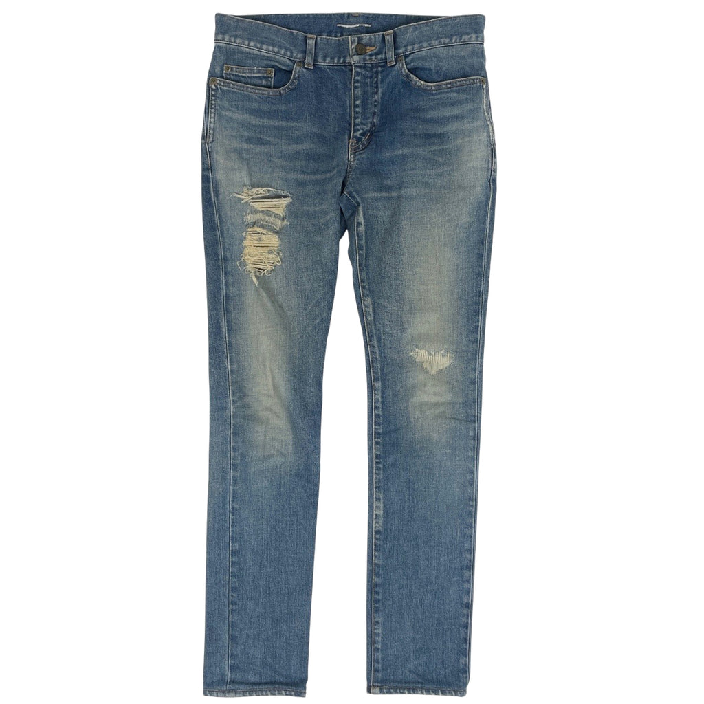 サンローラン ロゴボタン デニムパンツ ダメージ スキニー ジーパン ボトムス パンツ コットン ポリウレタン ブルー メンズ 【中古】brapp