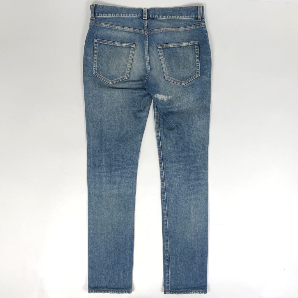 サンローラン ロゴボタン デニムパンツ ダメージ スキニー ジーパン ボトムス パンツ コットン ポリウレタン ブルー メンズ 【中古】brapp