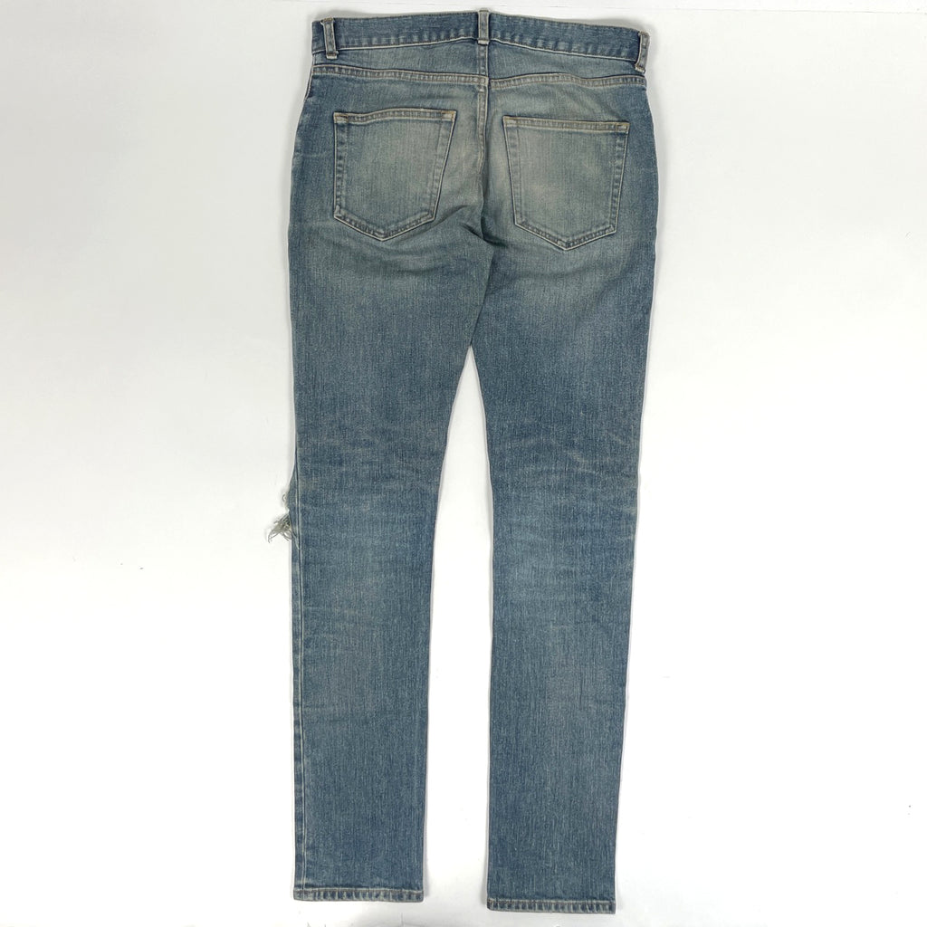 サンローラン ロゴボタン デニムパンツ クラッシュ ダメージ スキニー ジーンズ ボトムス パンツ コットン ポリウレタン ブルー メンズ 【中古】brapp