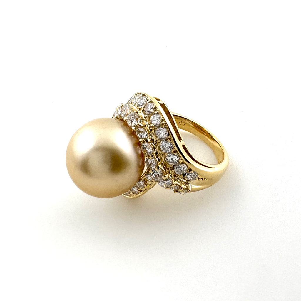 パール デザインリング YG イエローゴールド 指輪 メレダイヤ 真珠 リング 11号 K18 パール ダイヤモンド レディース 【中古】nbjwl