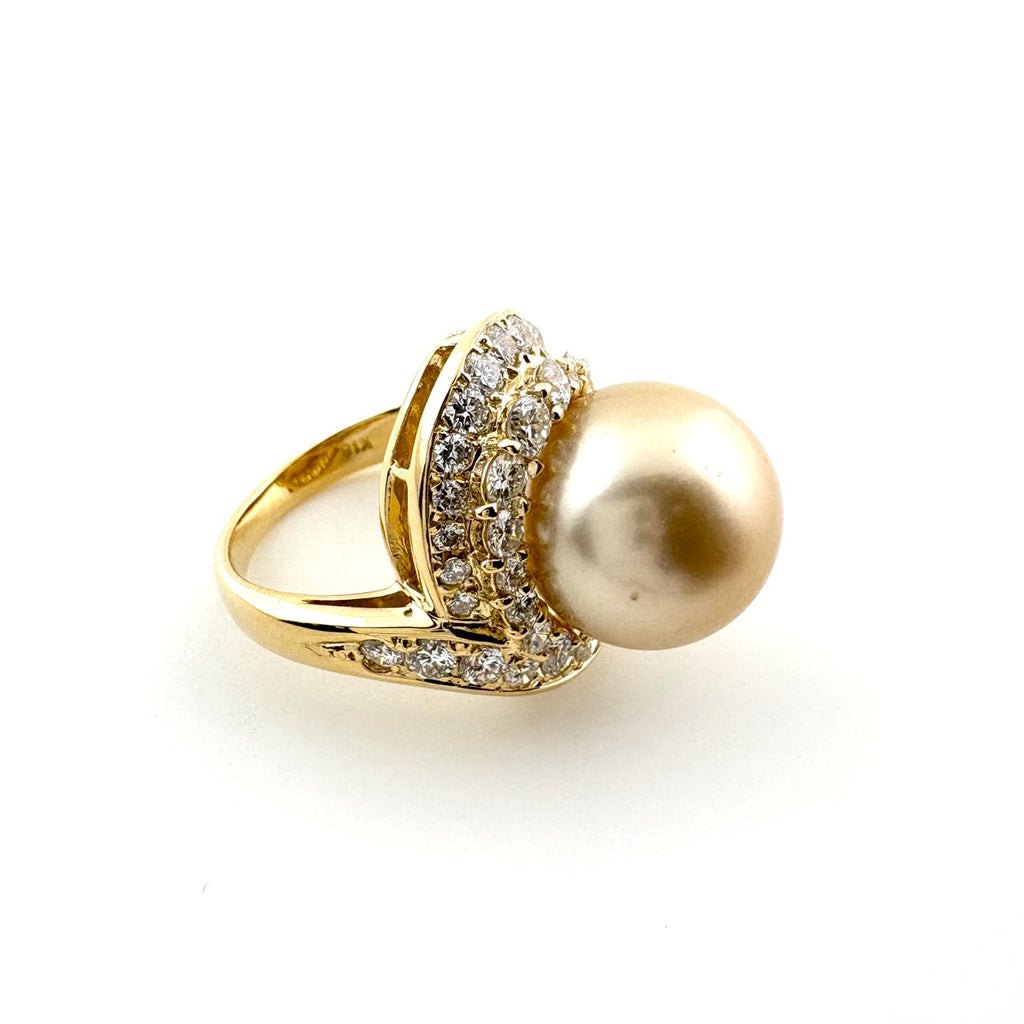 パール デザインリング YG イエローゴールド 指輪 メレダイヤ 真珠 リング 11号 K18 パール ダイヤモンド レディース 【中古】nbjwl