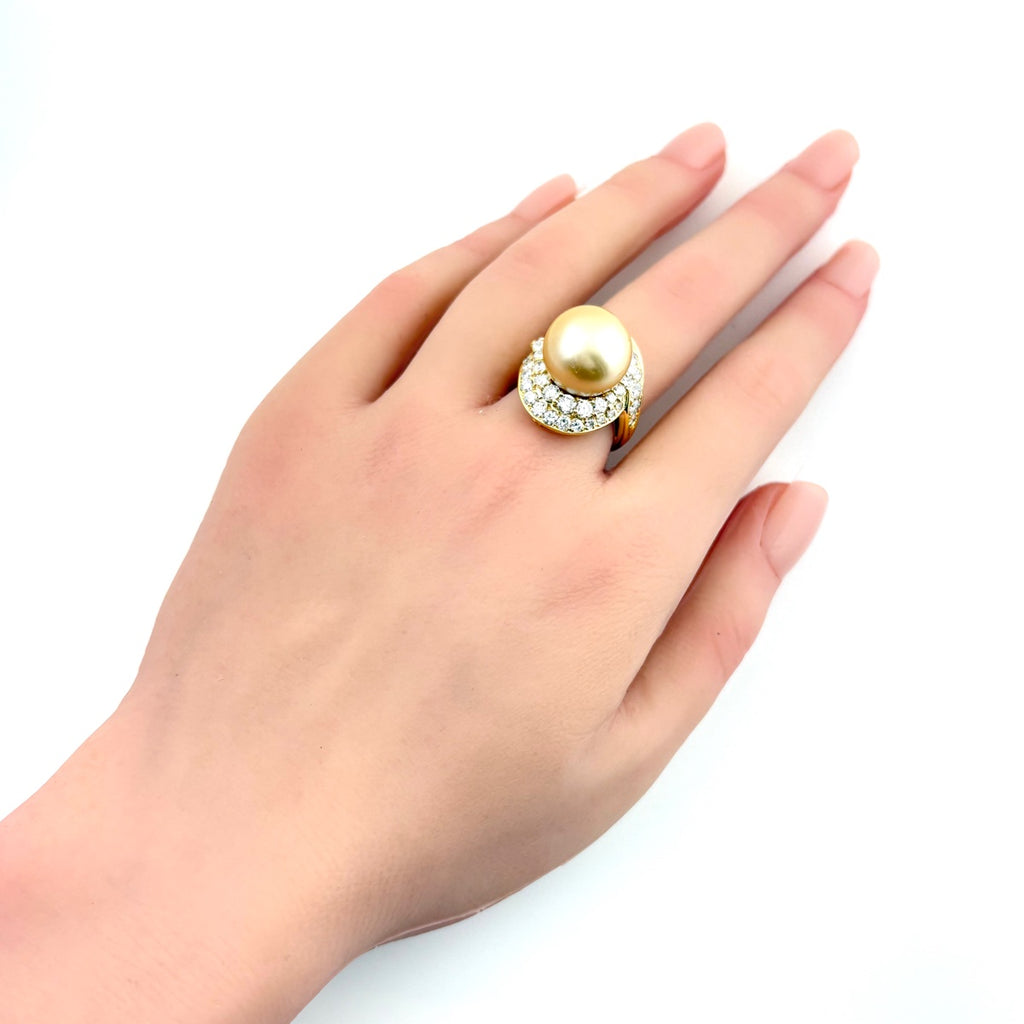 パール デザインリング YG イエローゴールド 指輪 メレダイヤ 真珠 リング 11号 K18 パール ダイヤモンド レディース 【中古】nbjwl