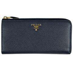 プラダ ロゴプレート L字ファスナー 長財布 札入れ 小銭入れ 長財布 サフィアーノレザー ネイビー レディース 【中古】brbag
