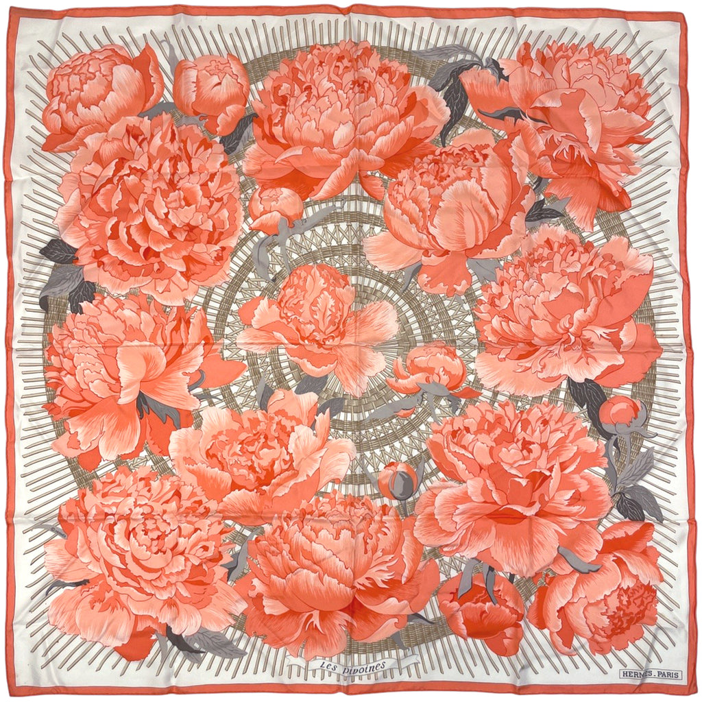 エルメス カレ90 Les Pivoines 芍薬 牡丹 花柄 フラワー柄 スカーフ シルク オレンジ ベージュ マルチカラー レディース 【中古】brbag