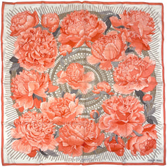 エルメス カレ90 Les Pivoines 芍薬 牡丹 花柄 フラワー柄 スカーフ シルク オレンジ ベージュ マルチカラー レディース 【中古】brbag